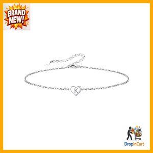 Sterling Silver Heart Initial Bracelet Dainty Adjustable Charm Jewelry Women